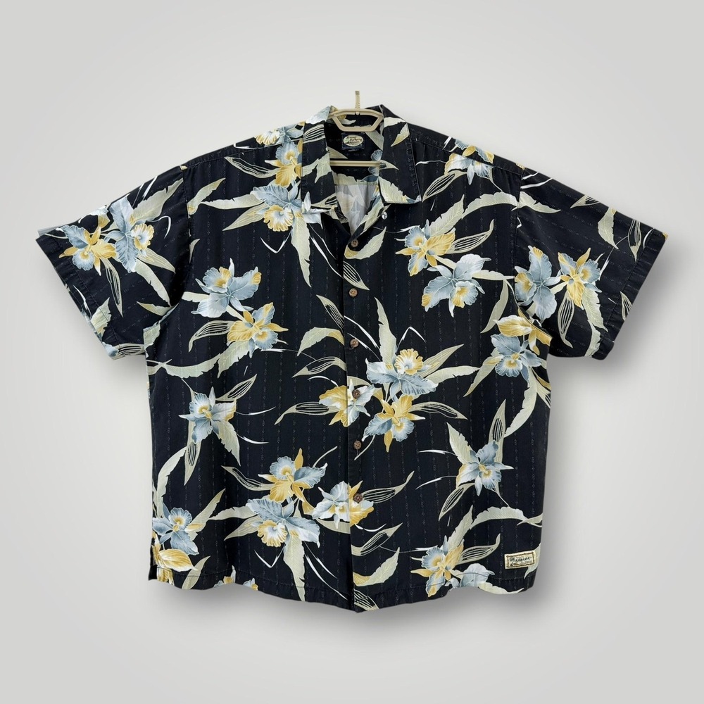 Tommy Bahama Mens 2XL Black Floral Hawaiian Camp Shirt Rayon Cotton VTG